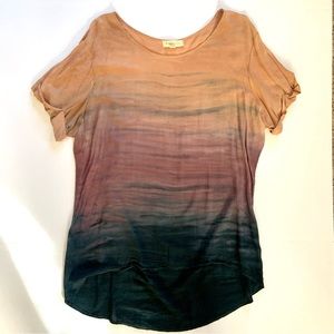 Ombré Tunic Womens Medium Lagenlook Tan Blue Purple Short Sleeve Rayon Hi Lo Dye